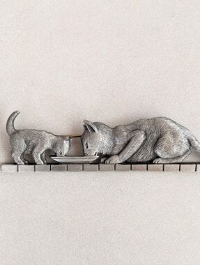 Vintage JJ Jonette Jewelry Pewter Cat Brooch Long Bar Pin Kitten Bowl Saucer